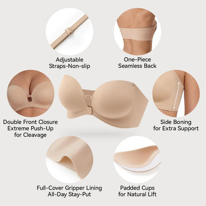 Maison Belle™ Strapless Front-Closure Push-Up Bra, Lift & Support, Padded